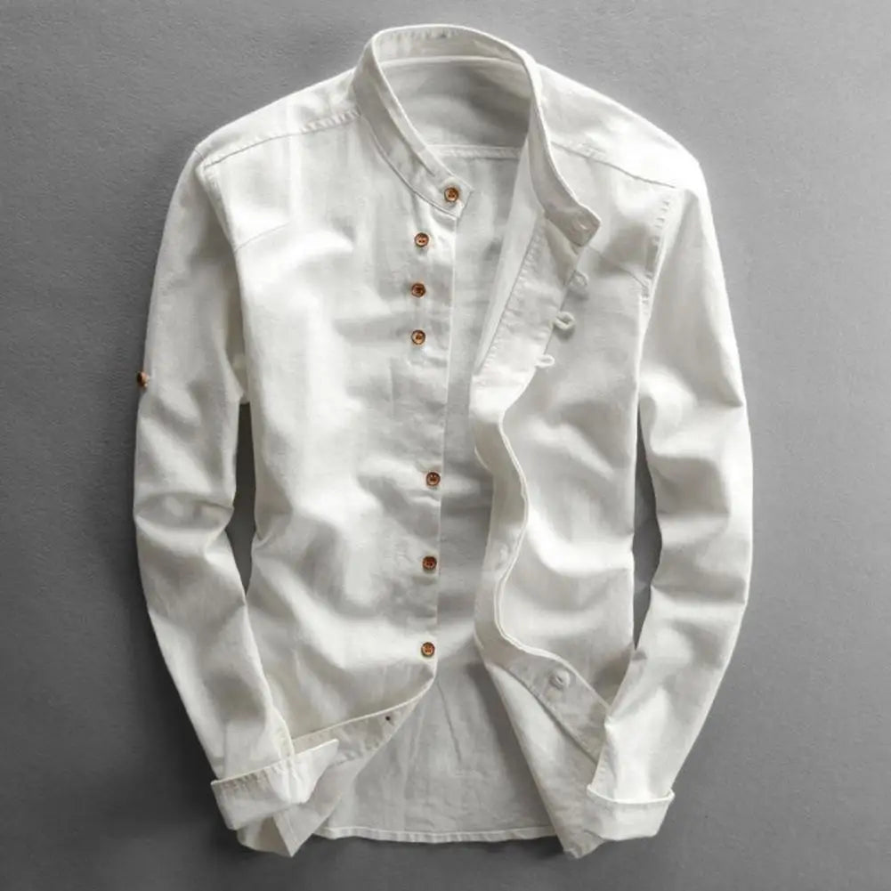 Langærmet Vintage Slim Fit Herre Skjorte med Stehkrave og Knapper 0