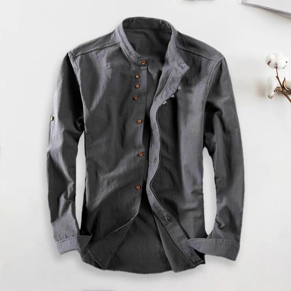 Langærmet Vintage Slim Fit Herre Skjorte med Stehkrave og Knapper 2