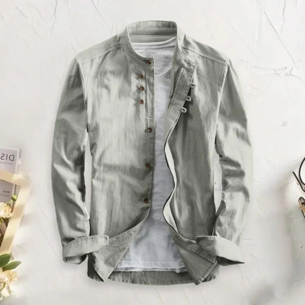 Langærmet Vintage Slim Fit Herre Skjorte med Stehkrave og Knapper 3