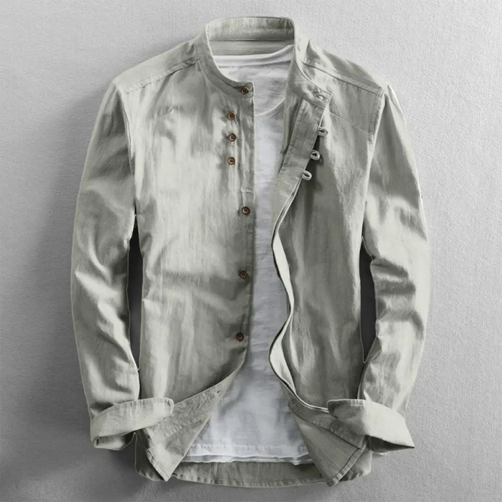 Langærmet Vintage Slim Fit Herre Skjorte med Stehkrave og Knapper 4