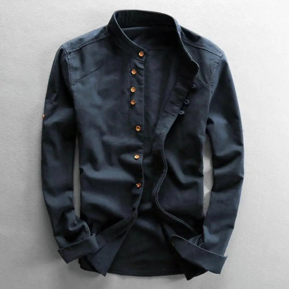 Langærmet Vintage Slim Fit Herre Skjorte med Stehkrave og Knapper 5
