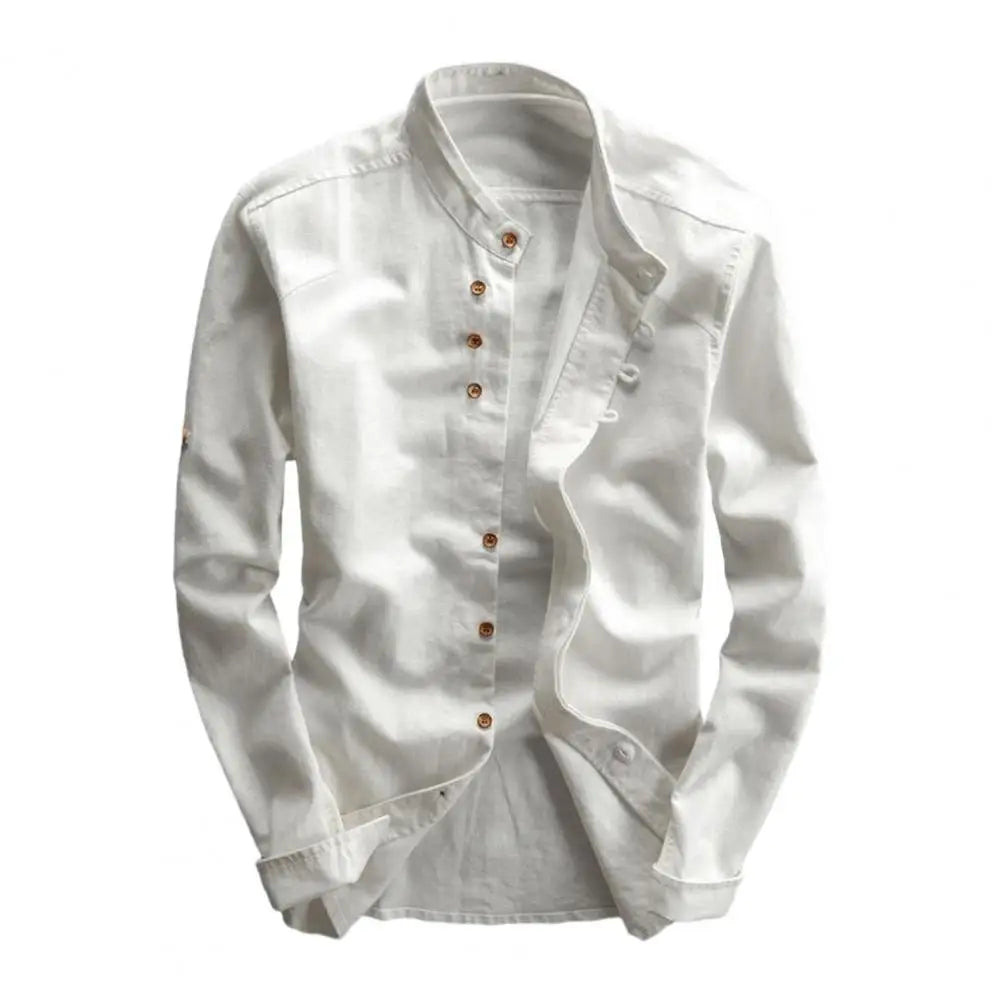 Langærmet Vintage Slim Fit Herre Skjorte med Stehkrave og Knapper 6