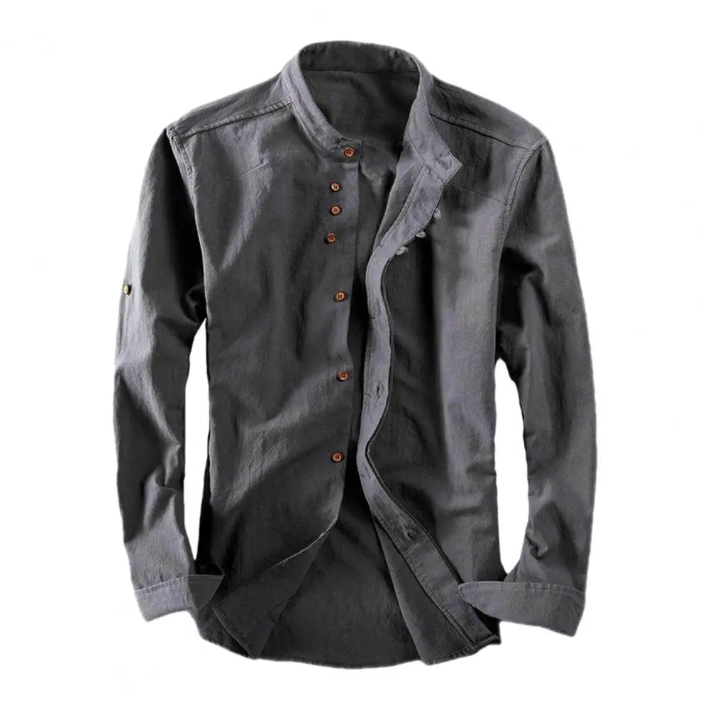 Langærmet Vintage Slim Fit Herre Skjorte med Stehkrave og Knapper 7