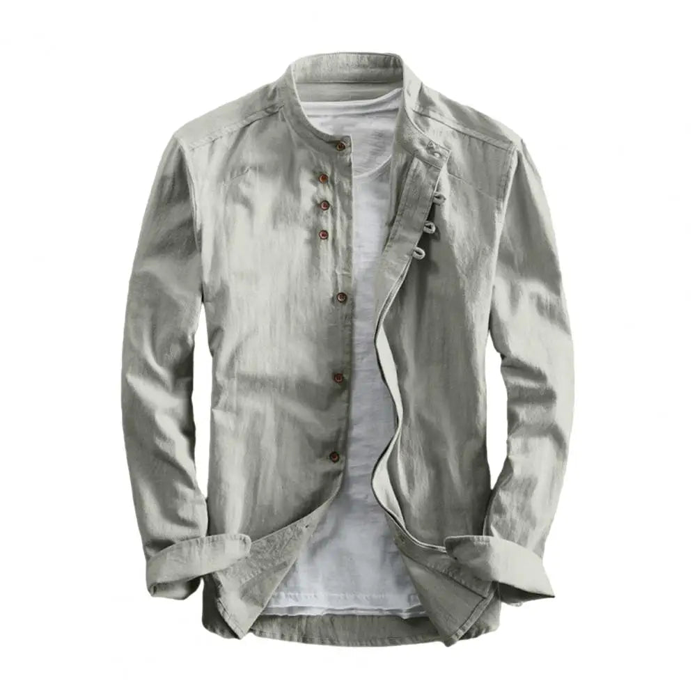 Langærmet Vintage Slim Fit Herre Skjorte med Stehkrave og Knapper 8