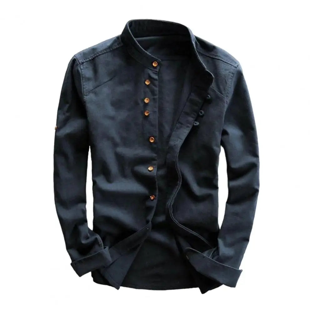 Langærmet Vintage Slim Fit Herre Skjorte med Stehkrave og Knapper 9