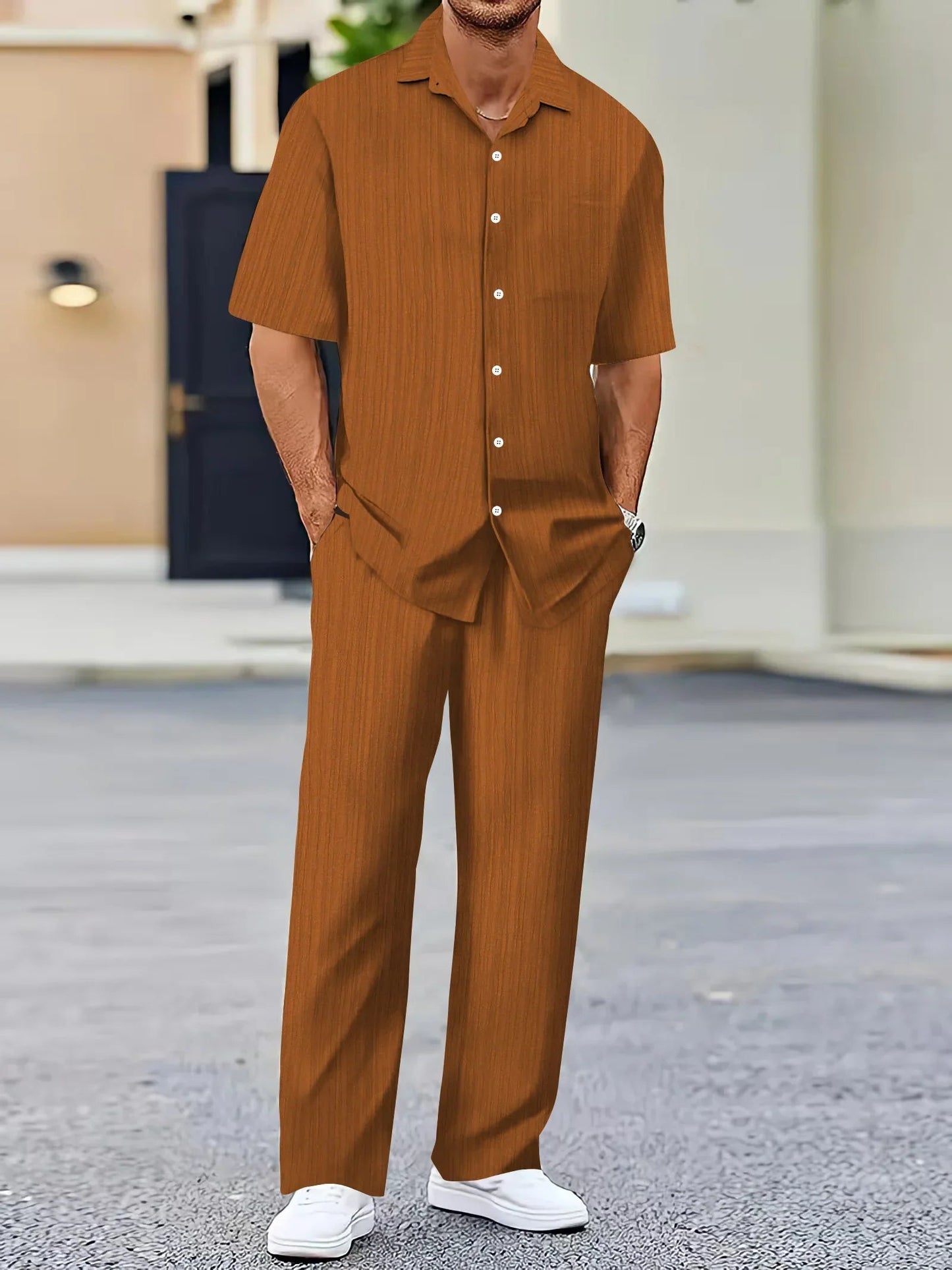 Linnedragt med Vertikale Striber i Let Materiale til Casual og Semi-formelle Anledninger 4