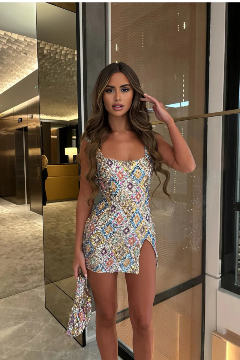 Mini Kjole Med Paljetter, Bodycon Pasform, Lårhøj Spalte, Firkantet Halsudskæring, Ærmeløs Design-4