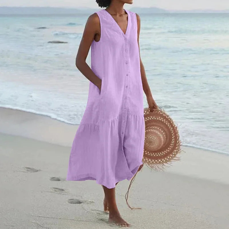 Løs Afslappet Patchwork Bomuldslinnedkjole - V-Hals Strandstil Midi Til Kvinder-5