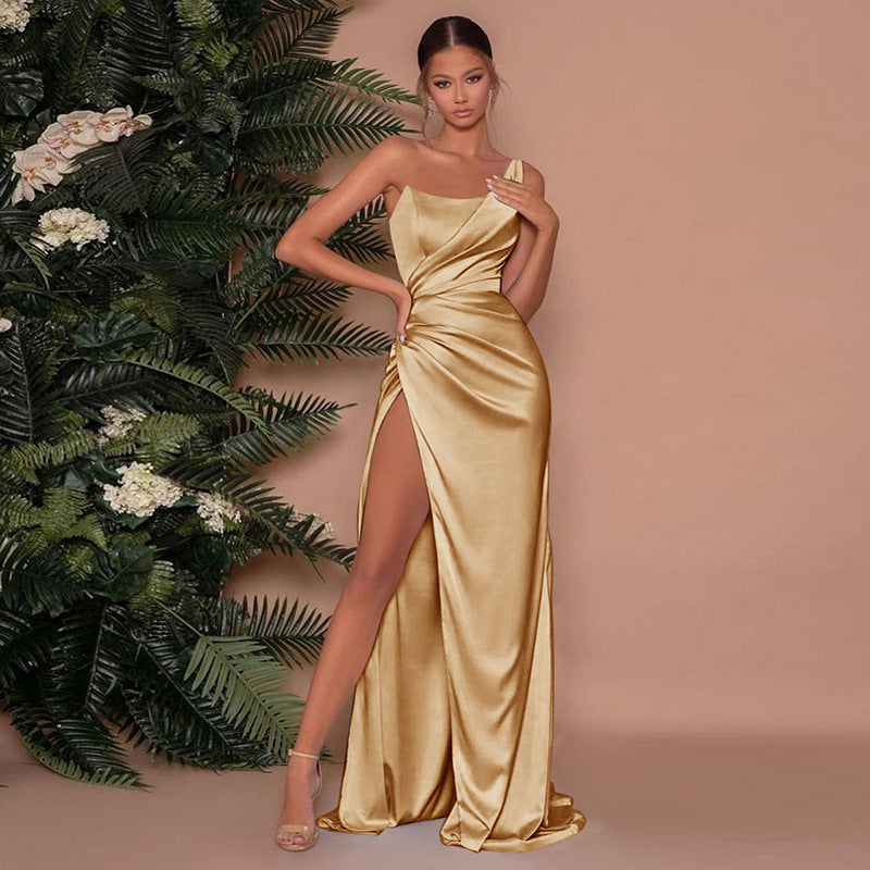 Elegant Asymmetrisk Maxikjole Med Høj Spalte - Kvinders Formelle Cocktailkjole I Luksuriøs Satin-2