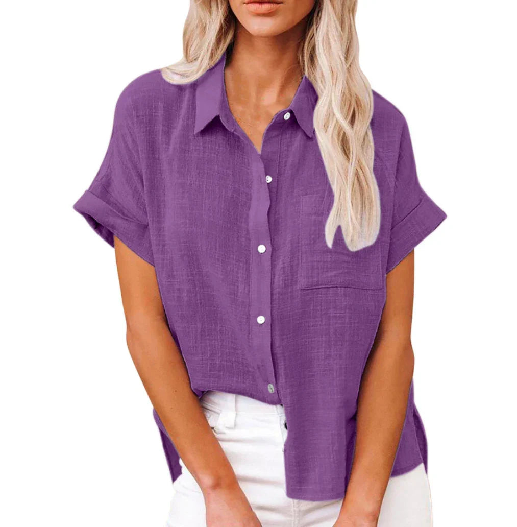 Letvægtig og afslappet kvinders bluse – kortærmet, polyester med linned look, til hverdagsbrug 6