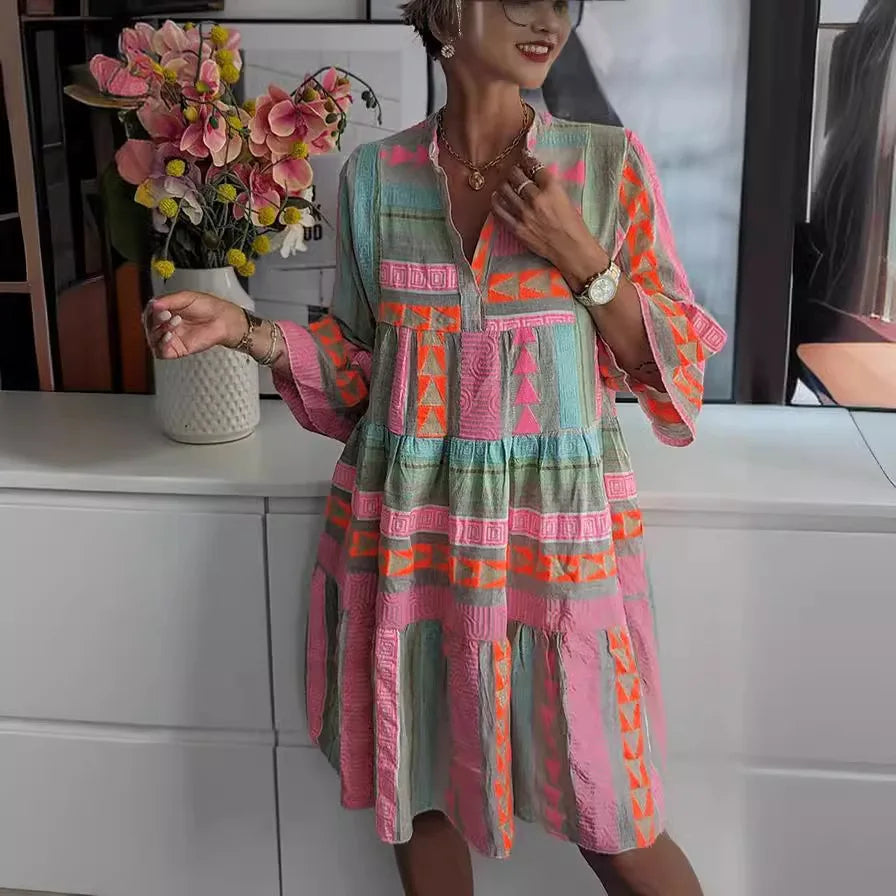 V-Hals Flæse Boho Mini Kjole - A-Linje, Let Stof, Perfekt Til Foråret-2