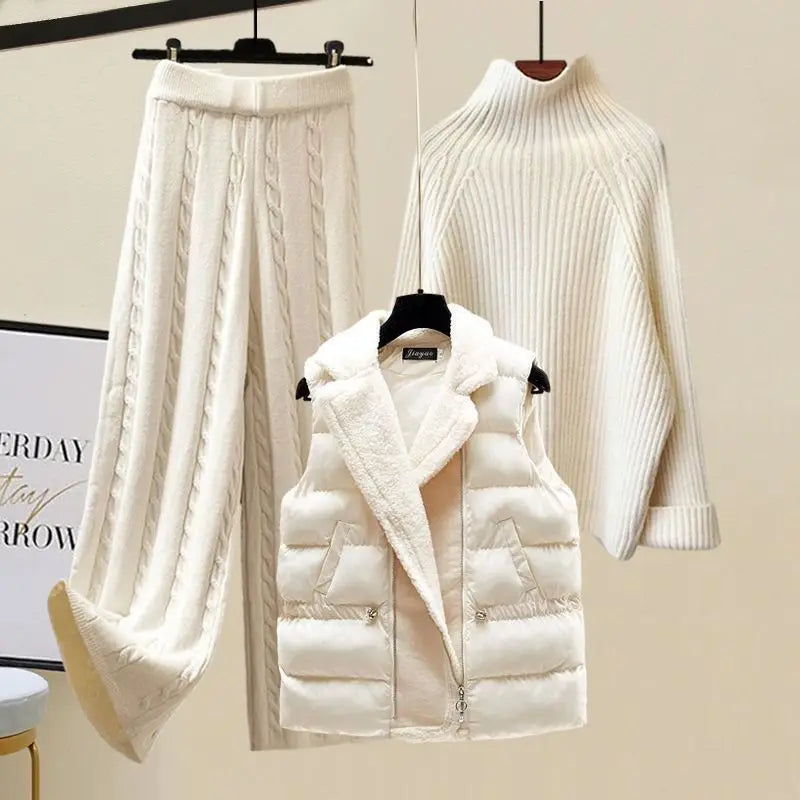 Varmt og komfortabelt kvinders strik sæt – turtleneck sweater, lam vest, strikkede bukser til vinter 2