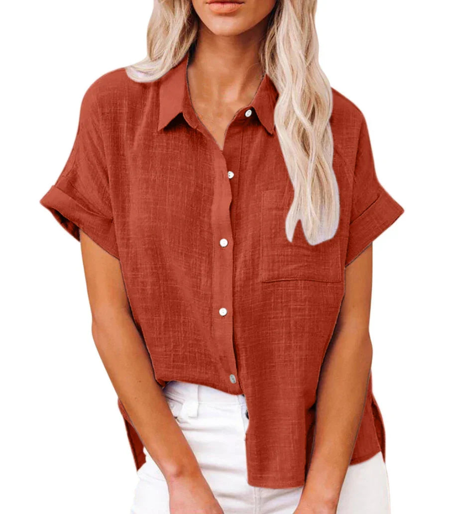 Letvægtig og afslappet kvinders bluse – kortærmet, polyester med linned look, til hverdagsbrug 3