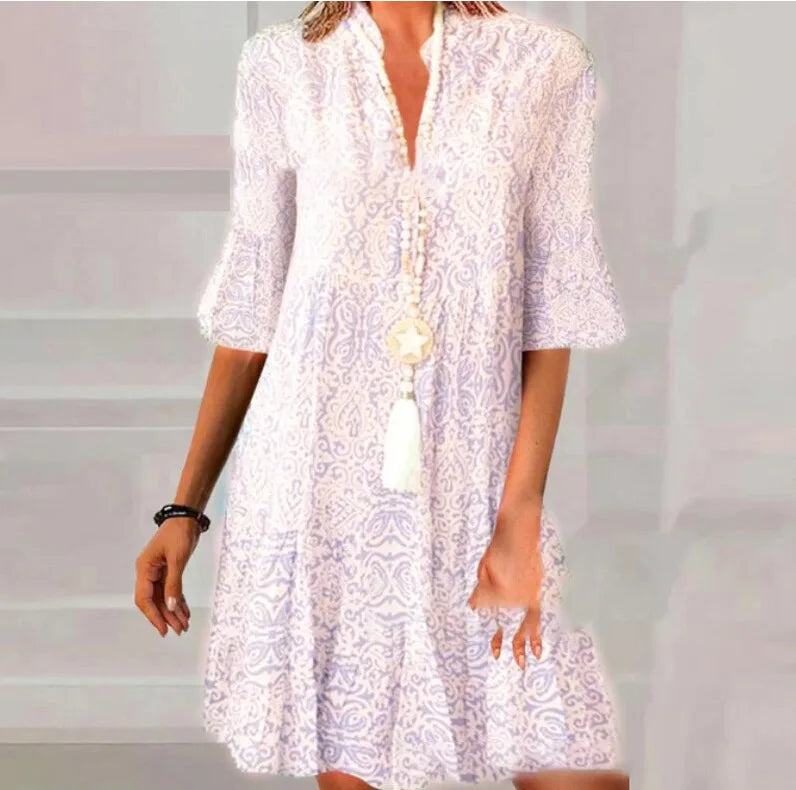 Efterårs V-hals Blussede Minikjole Til Damer - Afslappet A-Line Boho Stil-3