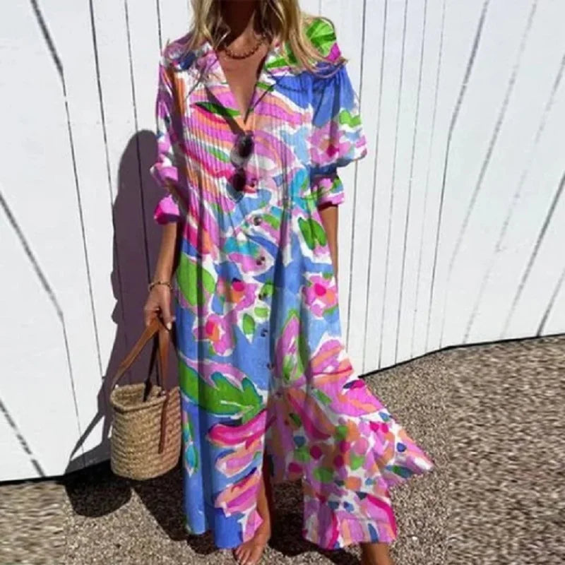 Boho Maxi Kjole Til Kvinder Med Dyb V-Hals Og Flydende Silhuet-3