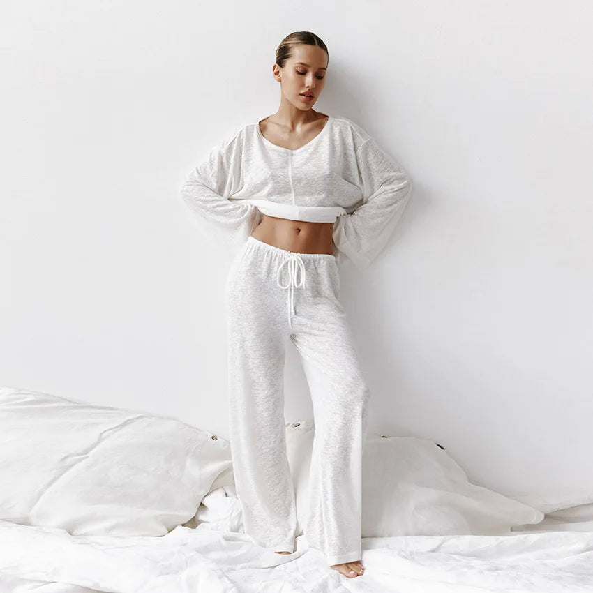 Blødt og letvægts kvinders loungewear sæt – rund hals og ankelbukser, åndbart, til afslapning 4
