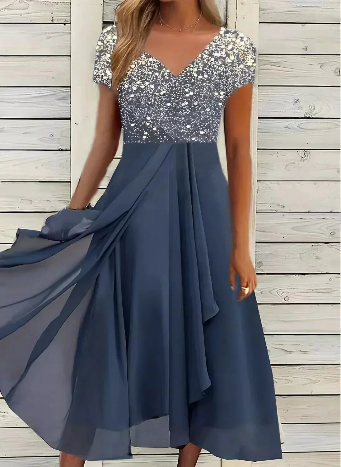 Elegant Chiffon Festkjole Til Kvinder, Knælængde, Sofistikeret Design Til Bryllup Og Fester-6