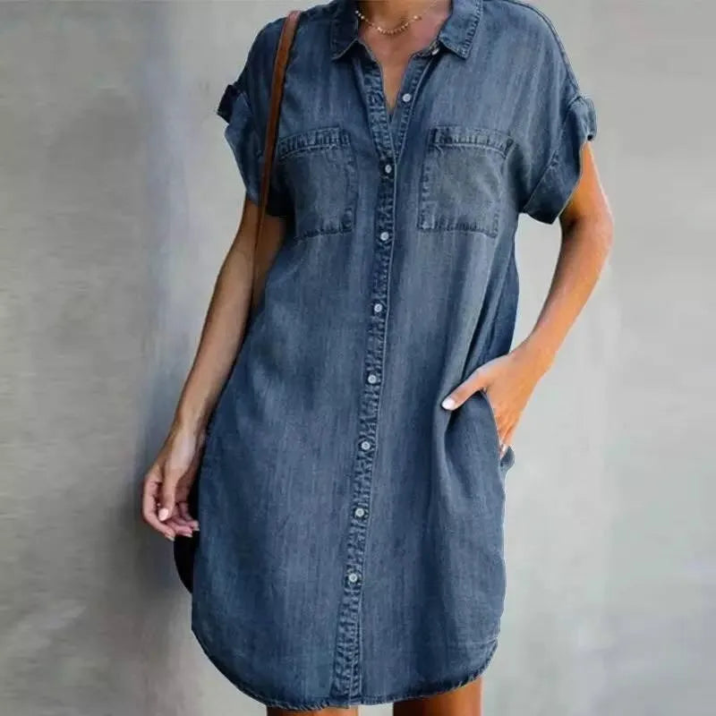 Kvinders Sommer Denim Skjortekjole Med Løs Pasform Og Praktiske Lommer-2