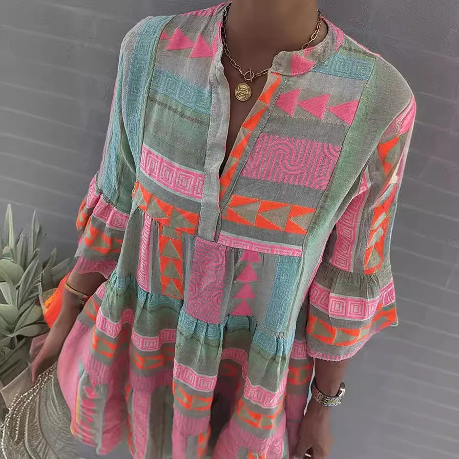 V-Hals Flæse Boho Mini Kjole - A-Linje, Let Stof, Perfekt Til Foråret-3