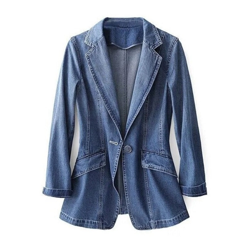 Stretchy women's denim blazer – structured cut, medium-weight denim, for casual and semi-formal occasions 3