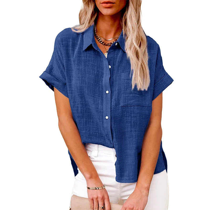 Letvægtig og afslappet kvinders bluse – kortærmet, polyester med linned look, til hverdagsbrug 4