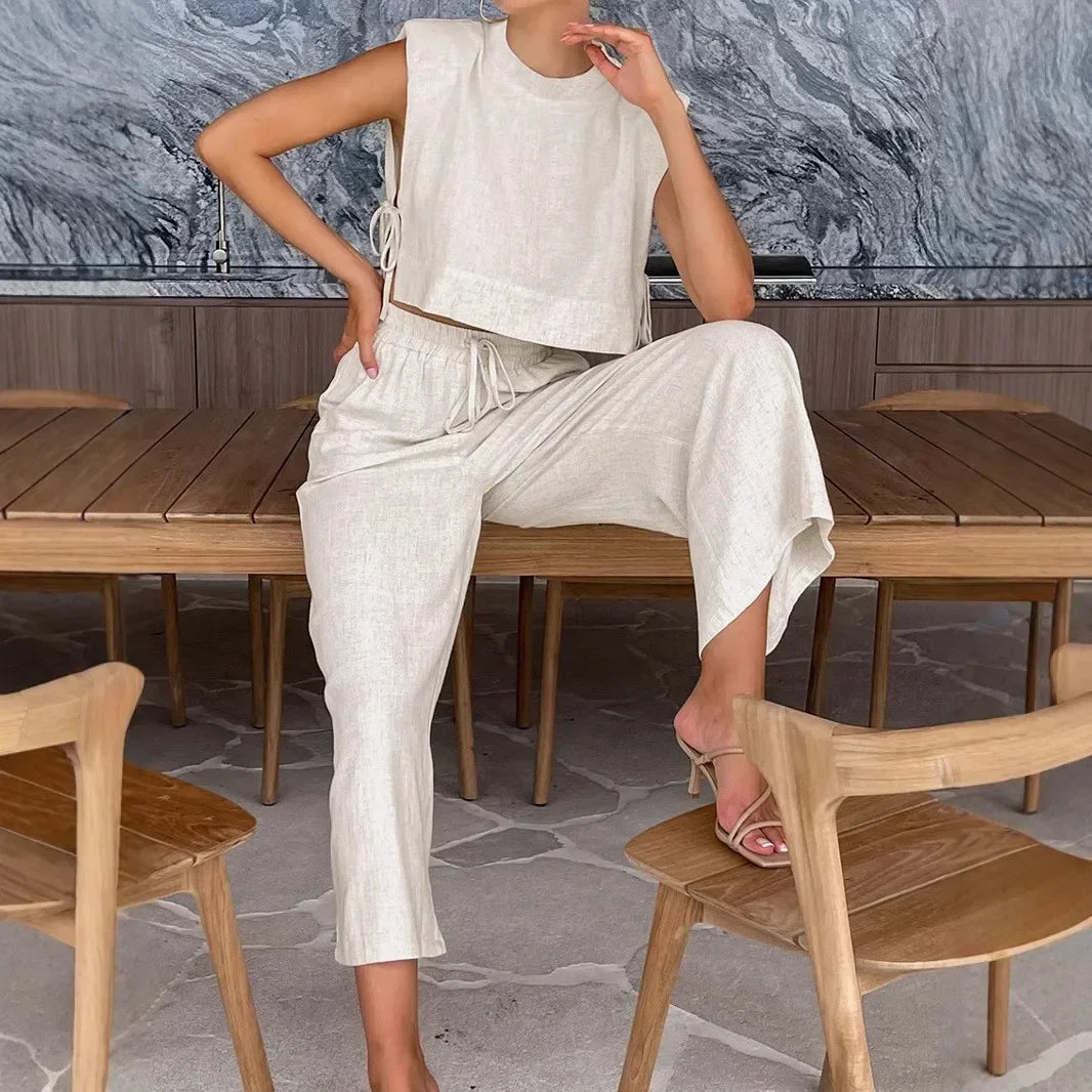 Åndbar kvinders linnedbuksesæt – afslappet crop top, linned, til ferie eller strandture 6