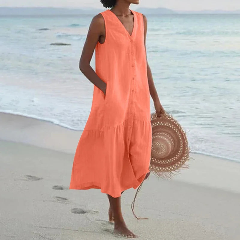 Variant image for Løs Afslappet Patchwork Bomuldslinnedkjole - V-Hals Strandstil Midi Til Kvinder-37