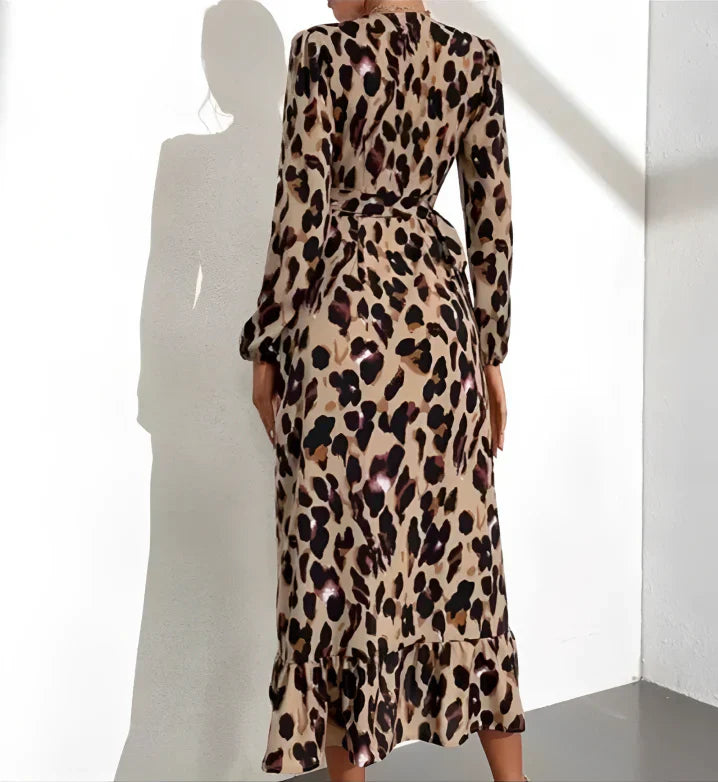 V-hals A-line langærmet midi-kjole med leopardprint til kvinder-6