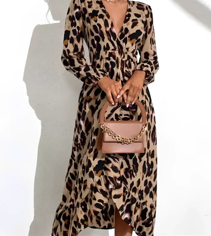 V-hals A-line langærmet midi-kjole med leopardprint til kvinder-2