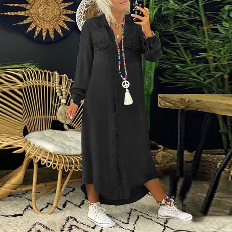 Skjorte Jeans Kjole Kvinder Lang Elegant Splejsning Kjole-2