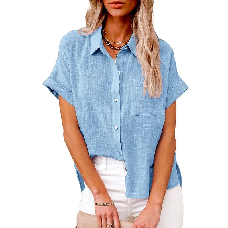 Letvægtig og afslappet kvinders bluse – kortærmet, polyester med linned look, til hverdagsbrug 5