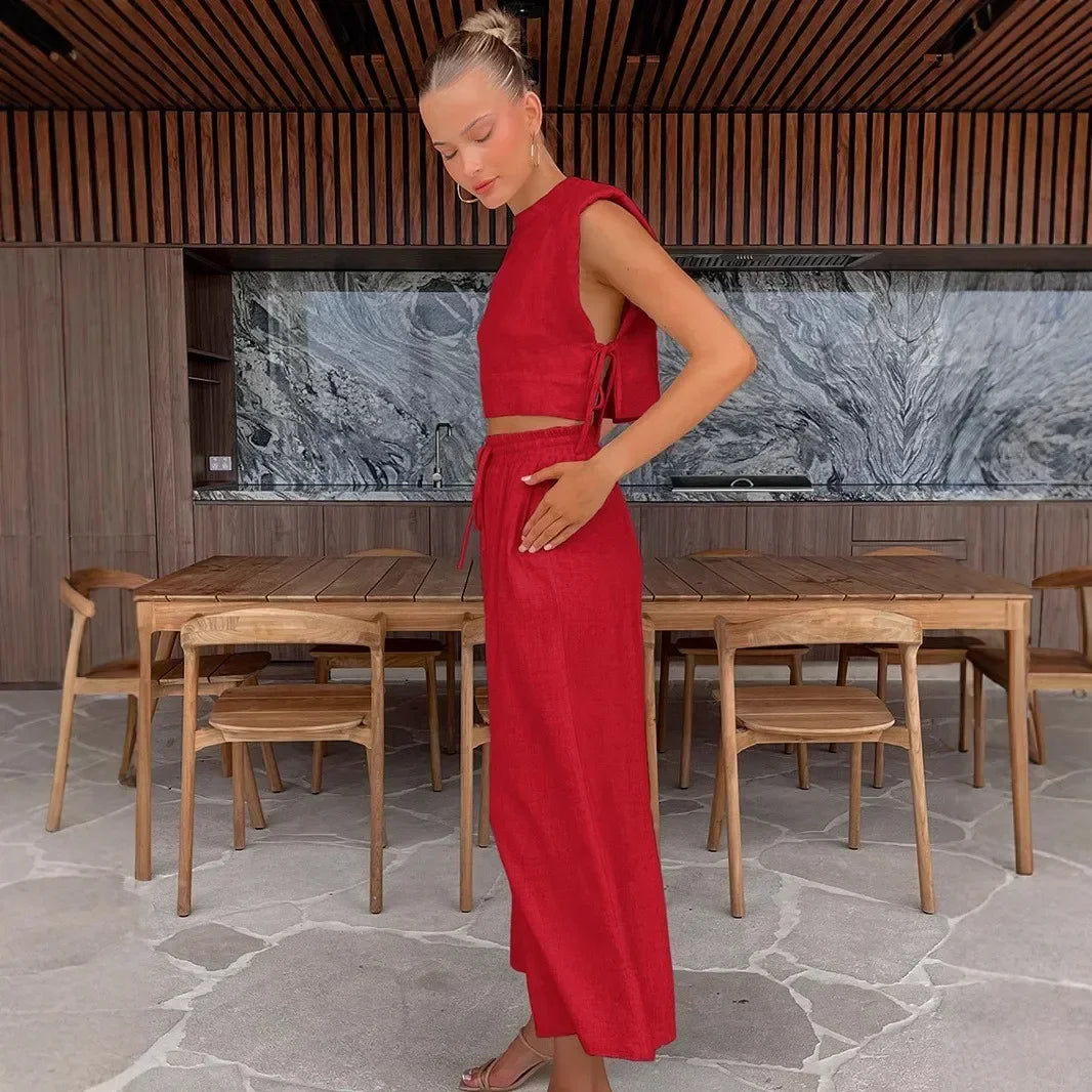 Åndbar kvinders linnedbuksesæt – afslappet crop top, linned, til ferie eller strandture 2