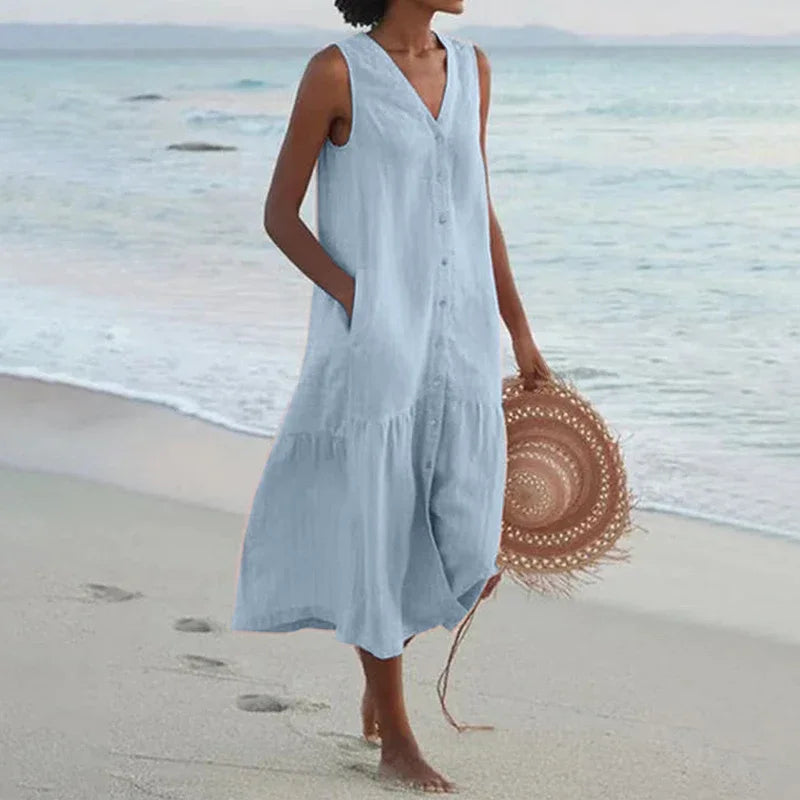 Løs Afslappet Patchwork Bomuldslinnedkjole - V-Hals Strandstil Midi Til Kvinder-6
