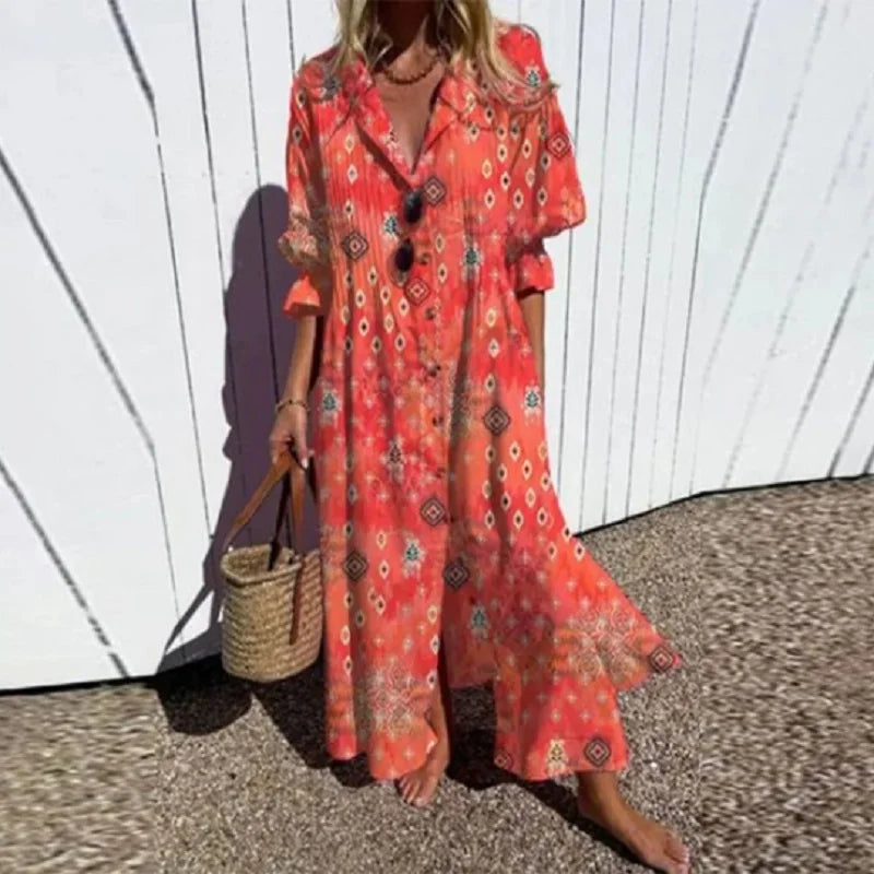 Boho Maxi Kjole Til Kvinder Med Dyb V-Hals Og Flydende Silhuet-4