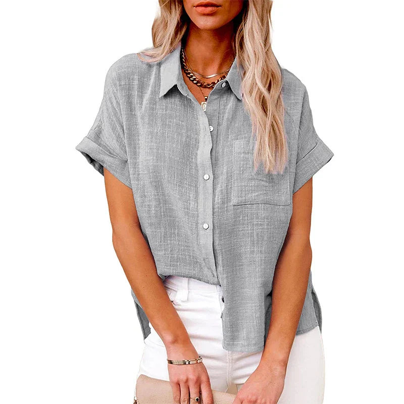 Letvægtig og afslappet kvinders bluse – kortærmet, polyester med linned look, til hverdagsbrug 2