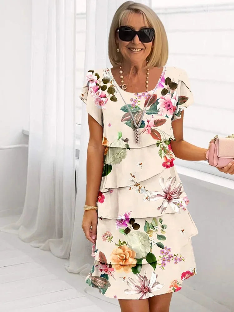 Elegant Blomster Ruffle Kjole Til Kvinder, Plus Størrelse Sommer Bryllupsgæstekjoler-6