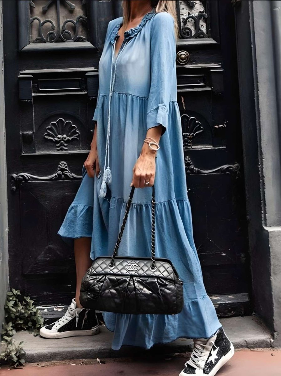 Elegant Denim Maxi Kjole Med Lange ærmer Til Kvinder - Smigrende Silhuet-4