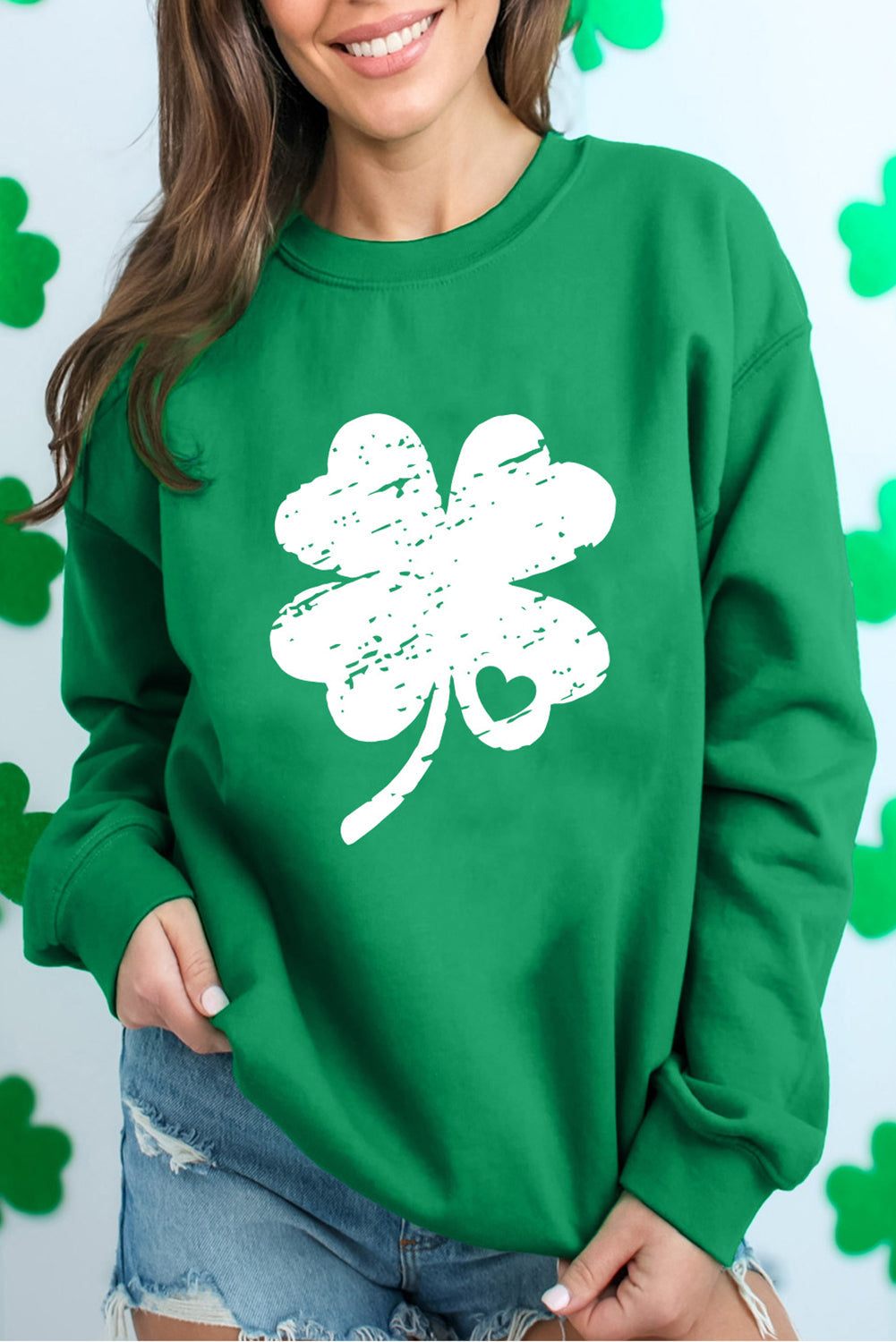 Blød og afslappet kvinders sweatshirt – kløvermønster, bomuldsblanding, til St. Patrick's Day 2