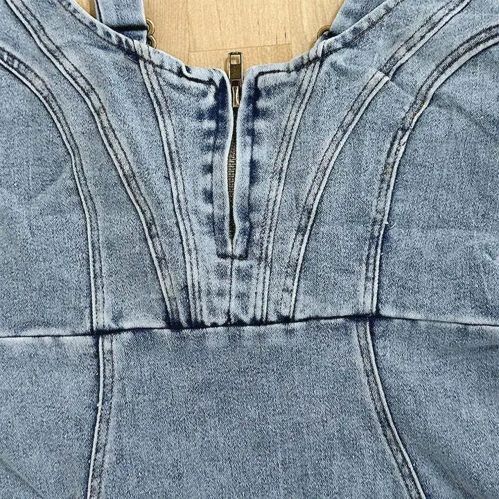 Vasket Denim Midi Kjole Med Justerbare Stropper Og Sidespalte-6