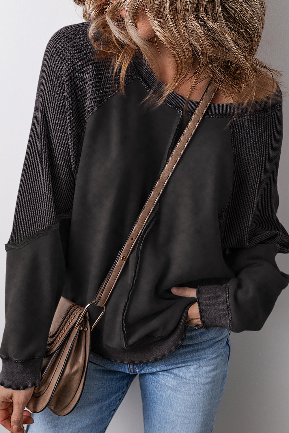 Variant image for Letvægts kvinder sweatshirt – patchwork design, vaffelstrik, til fritidsbrug-11