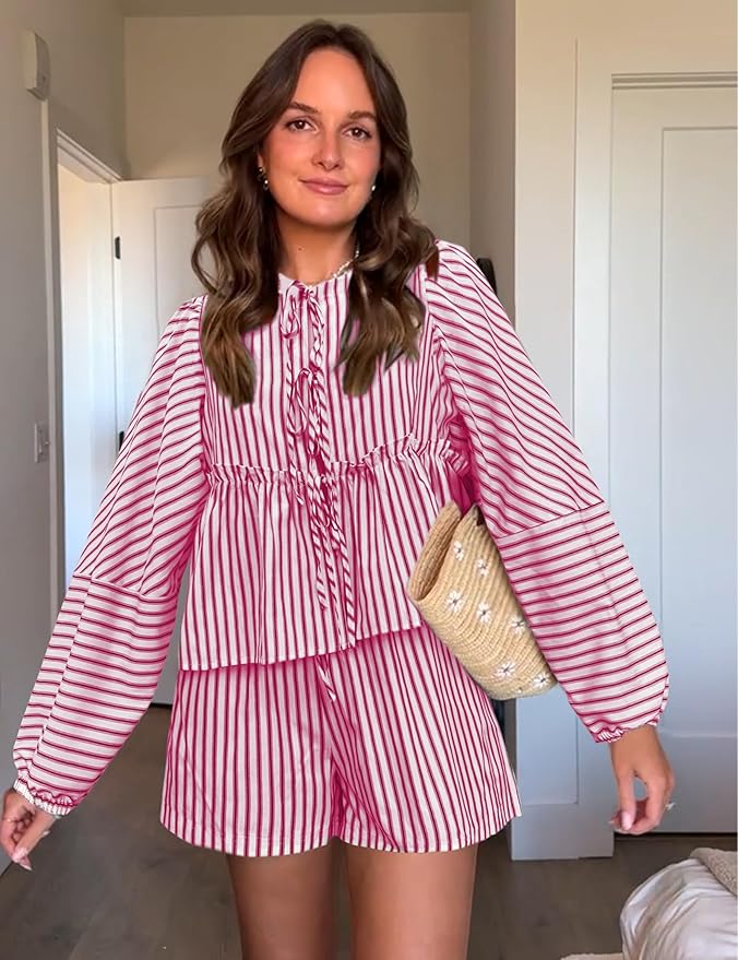 Variant image for Åndbar kvinders loungewear sæt – rutet design, høj talje shorts, til sommer-11