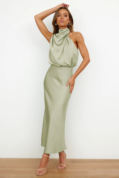 Lang Satin Halterneck Kjole Til Bryllup Og Elegante Lejligheder - Lange Kjoler Til Fest-1