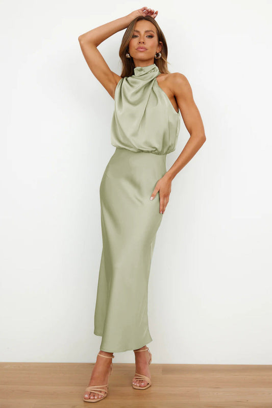 Lang Satin Halterneck Kjole Til Bryllup Og Elegante Lejligheder - Lange Kjoler Til Fest-1