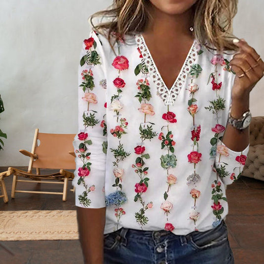 Blomstrende og komfortabel kvinders V-hals T-shirt – blonderdetaljer, bomulds-polyester, til forår og efterår 1