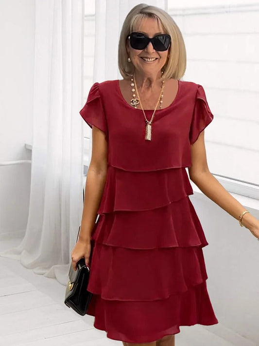 Løs Chiffon Midi Kjole Til Kvinder Med Asymmetrisk Kant Og Lagt Design-1