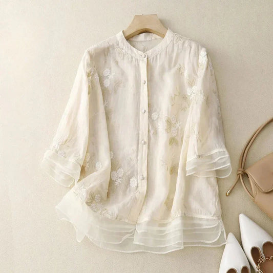Åndbar kvinders top – elegant broderi, bomuldsblanding, til festlige lejligheder 1
