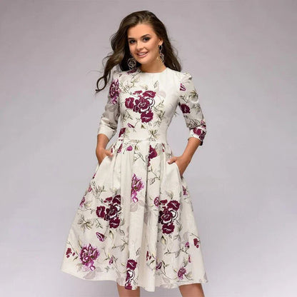Blomsterprint Midi Kjole med Bred Nederdel til Kvinder - Elegance og Legende Design-2