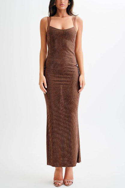 Åben Ryg Sequin Mesh Maxi Kjole Til Kvinder, Ankel-Længde Scoop Hals Kjole Maxi-6