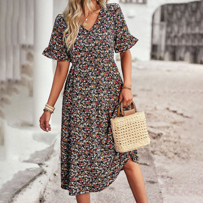 Elegant Blomsterprint Midi Kjole - Alsidig Sommerkjole Til Arbejde Og Sociale Lejligheder-3