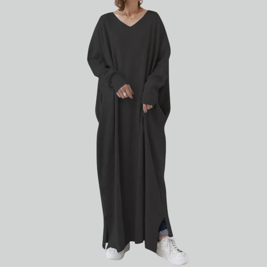 Tyrkiet Eid Solid Muslimsk Hijab Kjole A-Linje V-Hals Abaya Til Kvinder-1